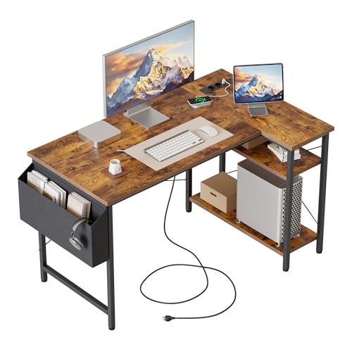 Mericonia Kleiner L-förmiger Schreibtisch mit Steckdosen, 100 cm L Computer-Eckschreibtisch mit umkehrbaren Regalen, Gaming-Schreibtisch, Computertisch fürs Homeoffice, braun