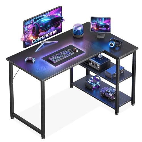 Coleshome Gaming Tisch, 100x70cm Eckschreibtisch mit umkehrbarem Ablagefach, Platzsparender L-förmiger Schreibtisch, Geeignet für Gaming Schreibtisch in Familienecken, Schwarz