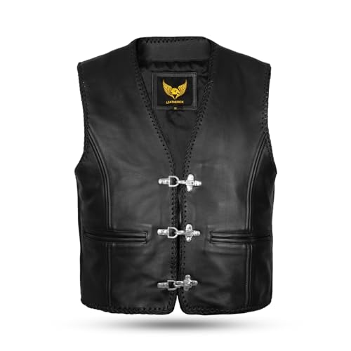 Leatherick Schwarze Motorradweste für Herren aus echtem Leder – klassisches geflochtenes Design, seitliche Schnürsenkel und Reißverschluss Herren-Bikerweste mit Angelhakenschnallen