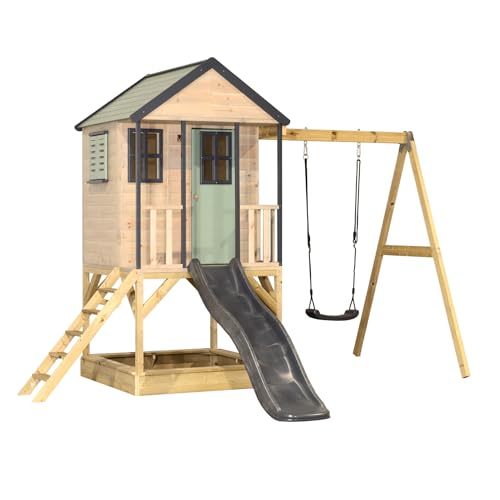 Wendi Toys M50 Stelzenhaus mit Rutsche und Schaukel, Kinderspielhaus Holz Outdoor für Garten, FSC-Holz, Podesthöhe 90 cm, 290×350×242 cm, mit 175 cm Rutsche, wetterfest
