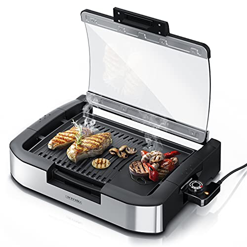 Arendo - Gourmet Tischgrill Elektrogrill Edelstahl - 1800 W - mit Glasabdeckung - für Balkon Garten Indoor - Antihaftbeschichtung - Temperaturregelung mit 5 Stufen - GS-zertifiziert - BPA-frei