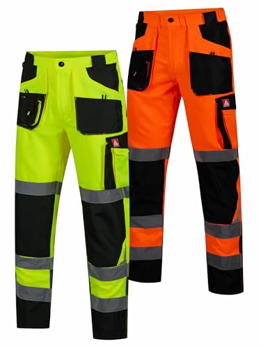 Arbeitshose Herren Orange Größe 52 Warnschutz Klasse 2 Rettungsdienst Hose mit Reflexstreifen 10 Taschen Kniepolstertaschen Stretchbund Gleisbau Straßenbau Hi Vis Arbeitskleidung Männer EN ISO 20475