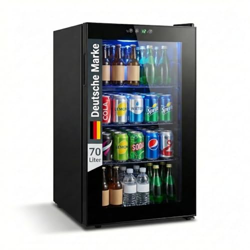 FREEZE. 70L Getränkekühlschrank, Mini-Kühlschrank für 126 Dosen, Glastürkühlschrank, Weinkühler, kleiner Kühlschrank mit Glastür und verstellbaren Regalen für Zuhause/Bar/Büro, frostfrei, Schwarz