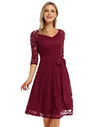 KOJOOIN Damen Vintage Kleid Brautjungfernkleid Knielang Langarm Spitzenkleid Cocktailkleid Bordeaux Weinrot M
