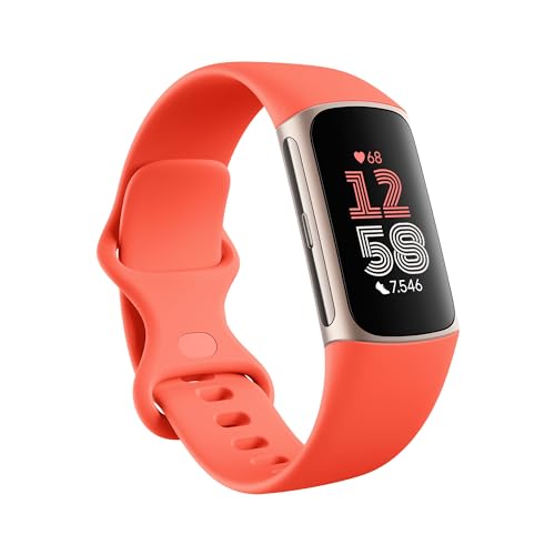 Fitbit Google Charge 6 Aktivitätstracker enthält eine 3 monatige Google Health Premium Mitgliedschaft, 7 Tage Akkulaufzeit, Google Wallet und Maps, Koralle/Aluminium in Champagne Gold