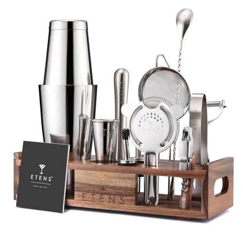 Etens 15-teiliges Barkeeper Set mit Holzständer – Edelstahl Boston Cocktail Shaker Set mit Messbecher, Sieben, Stößel & Bar Zubehör – Profi-Mixologie Cocktail Set Geschenk für Zuhause & Bar