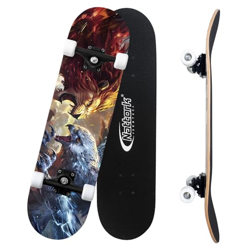 Nattork 31 Inch Complete Skateboard with PU Wheels, Wood 9 Layer Canadian Maple Trick Board for Boys Girls Youth Teens Gift for Beginners Lion Hawk