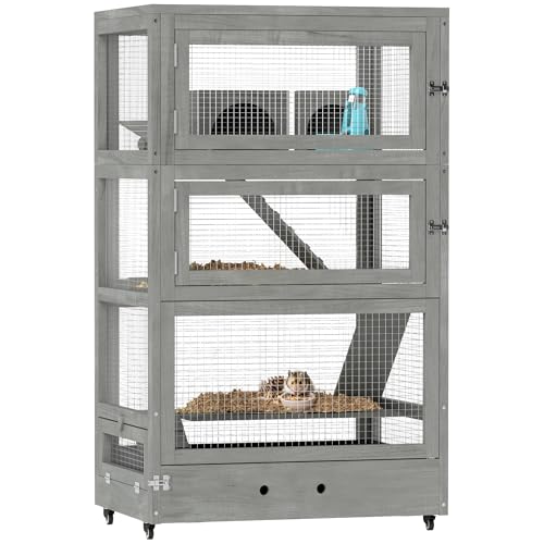 PawHut Hamsterkäfig aus Holz 4 Etagen 65 x 45 x 109 cm Nagerkäfig Kleintierkäfig mit Rollen, Hütten, Wippe, Palette, Futterschalen, Schloss, Rampen, Fütterungsstation Mäusekäfig für Zwerghamster Grau