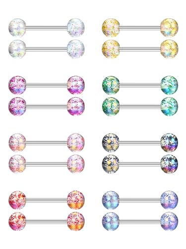 CASSIECA 16Pcs 14G Zungenpiercing Chirurgenstahl 14mm Brustwarzenpiercing Kunststoff Mehrfarbig Edelstahl Nippel Piercing Barbell für Damen
