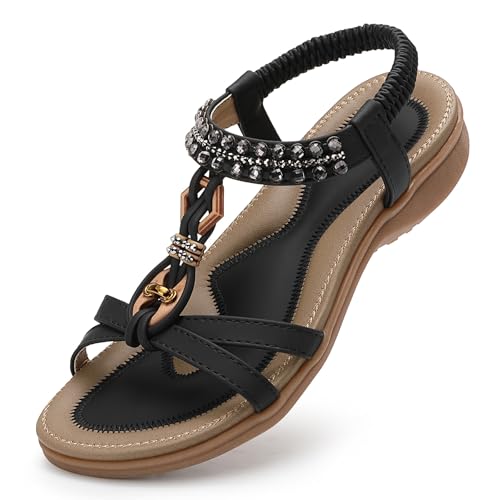 Littleplum Sandalen Damen Sommer Flache Sandalette Bohemia Sandals mit Strass Perlen Freizeit Damen Strand Schuhe Sandalen, Schwarz, 39 EU