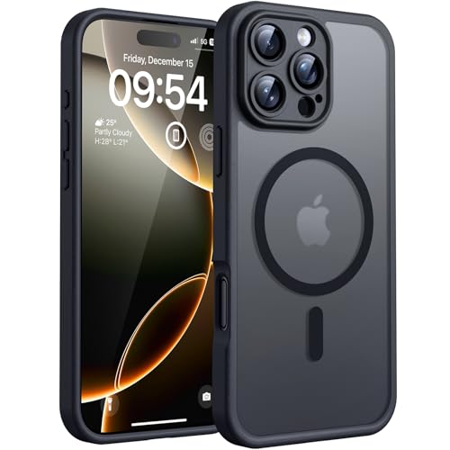 TOCOL für iPhone 16 Pro Hülle für Magsafe, Vollständiger Kameraschutz Stoßfest Kratzfest Transluzente Rückseite Magnetisch Handyhülle für iPhone 16 Pro Case, Schwarz