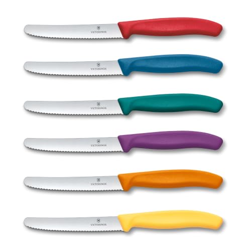 Victorinox 6x Frühstücksmesser 11 cm Wellenschliff, Tomatenmesser | Vielseitiges Brötchenmesser Set mit rundem Wellenschliff für Brot und Gemüse, ergonomischer Griff, spülmaschinengeeignet