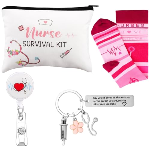 4er Set Krankenschwester Geschenke Kosmetiktasche Schlüsselanhänger Socken Namensschildhalter Abschiedsgeschenk Dankeschön Geschenk Set für Krankenschwester Pflegekraft Krankenschwester Survival Kit