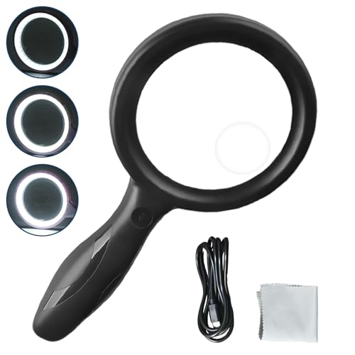 Lupe mit Licht, 30x 60x Leselupe mit lich Muttertagsgeschenk, 1200mAh Akku und 33 LED USB Handlupe 3 Modi Leselupe für Senioren, Kinder, Juwelier, Hobbies Briefmarken, Münzen (Schwarz)