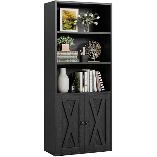 IRONCK Bücherregal mit 2 Türen, Standregal mit 5 Ebenen, Industriestil Bücherschrank, Vitrinenschrank Aufbewahrungsregal für Arbeitszimmer, Büro, Wohnzimmer, Schlafzimmer, Schwarz