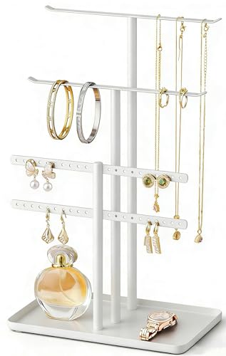 Schmuck Organizers, Schmuckständer 32cm Groß, 4 Ebenen Robust Schmuckaufbewahrung Reise, Schmuckschrank Organizer für Halskette, Armband, Parfüm und Ohrringe, Deko Aesthetic Accessoires, Weiß