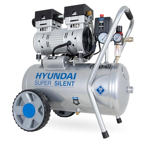 HYUNDAI Silent Kompressor SAC55752 | 24L Kessel, 8bar, ölfrei | 0.75kW / 1.0PS | Ansaugleistung 125 L/Min | Öl-Wasserabscheider | 59dB Luftkompressor leise, Flüster-Kompressor