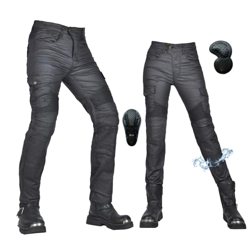 oFzimTo Motorradhose Herren/Damen, wasserdichte Beschichtung Motorrad Jeans mit Protektoren, Winterhose Stretch Motorradbekleidung (Schwarz-B,XL)