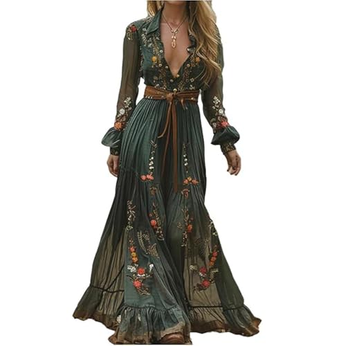 JIAALU Damen Kleider Vintage Rustikaler Stil Langes Boho Kleid Lässiges Maxikleid Blumenmuster Kleid Frühling Langarm Blumenkleid Blumenkleid
