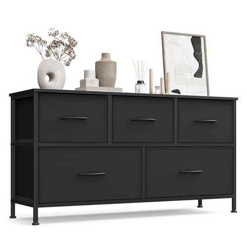 SONGMICS BELLAH Kollektion - Kommode, Schrank, Aufbewahrungsschrank, Stahl, für Schlafzimmer, Flur, Wohnzimmer, 5 Schubladen, modern, tintenschwarz-ebenholzschwarz LGS322BH03