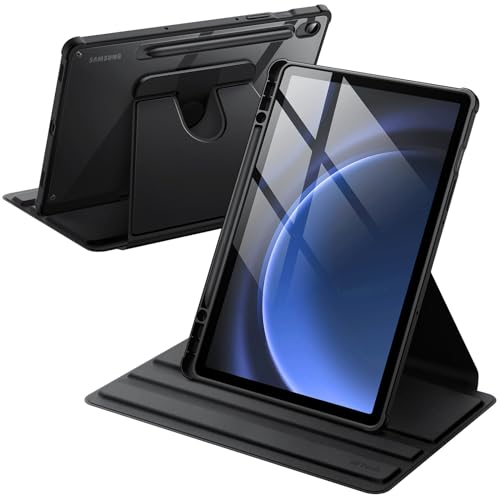 JETech Drehbare Hülle für Samsung Galaxy Tab S10 Lite / S10 FE / S9 FE 10,9 Zoll / S9 11 Zoll mit S Pen Halter, 360 Grad Drehbare Schutzhülle Ständer Transparente Rückseite (Schwarz)