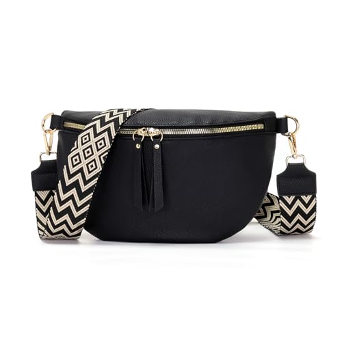 Vezluax 30x20cm umhängetasche Damen Bauchtasche Damen Groß Vegan Leder Crossbody Bag stylisch Muttertags geschenke für frauen mit breitem Gurt Schwarz