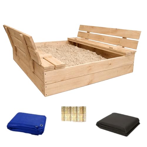 ECOTRAPS Sandkasten mit Abdeckung - 120 x 120 cm - Sandkasten Holz mit Deckel & Sitzbänken - Gartenspielzeug für Kinder - Sandkiste Imprägniert - Sandbox - Naturholz