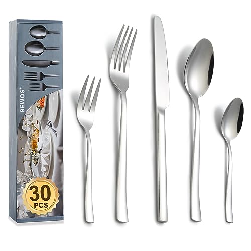 BEWOS Besteckset für 6 Personen, Silber 30-teiliges Besteckset aus Edelstahl, inklusive Messer, Gabeln und Löffel, hochglanzpoliert und spülmaschinenfest
