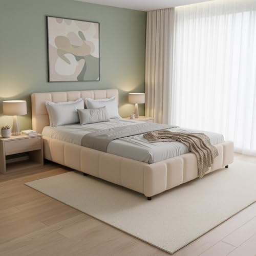 Juskys Florenz Polsterbett 140×200 cm, Bouclé, 500 kg – Beige