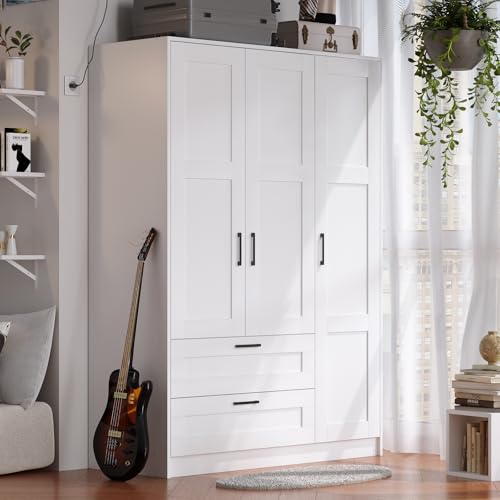 Fenghua Lizhi Holz-Kleiderschrank mit 3 Türen und 2 Schubladen, weißer Aufbewahrungsschrank zum Aufhängen von Kleidung, Schlafzimmer, großes Fassungsvermögen, freistehender Schrank, Holzgarderobe