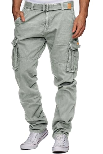 Indicode Herren William Cargohose aus Baumwolle m. 7 Taschen inkl. Gürtel | Outdoorhose Lt Grey, L