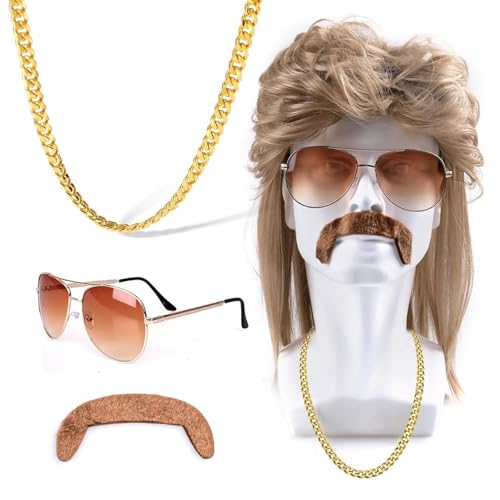 Feithmonic Vokuhila Perücke Herren, 70 80er 90er Jahre Outfit Accessoires, Blond Vokuhila Frisur Perücke mit Bart Brille Halskette, Männer Faschingskostüme für Karneval Halloween Cosplay Rocker Party