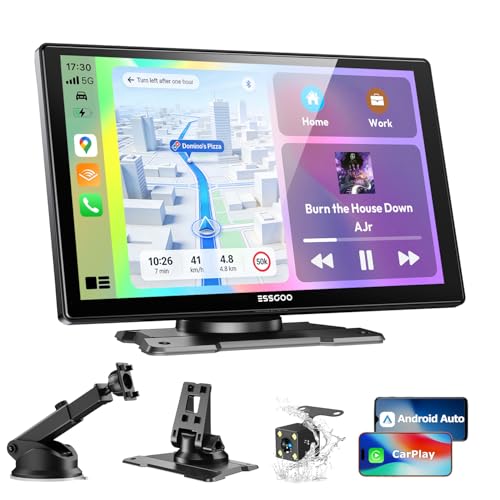 ESSGOO Carplay Android Auto Display mit Rückfahrkamera,9 Zoll Carplay Bildschirm für Apple/Android Auto/AirPlay/Mirror Link,Wireless Touchscreen GPS Navigation,mit Bluetooth5.3,AUX,FM,Sprachassistent
