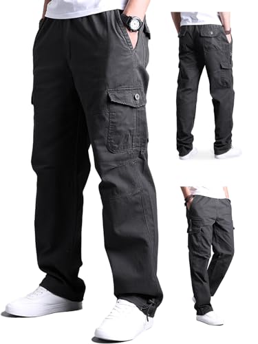 Aotoyou Cargohose Herren Baumwolle Cargo Hose Lange Freizeithose mit 7 Taschen und Elastische Taille Outdoorhose Wanderhose, Grau 3XL