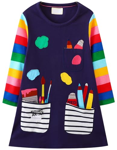 Kleid Mädchen Langarm Baumwolle Jersey A-Linie Freizeitkleidn Einhorn Kleider für Mädchen Gr. 110-115