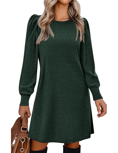 Zeagoo Kleid Damen Herbst Langarm Pulloverkleid mit Taschen Rundhals Dünne Strickkleid Kleid Herbst Winter Casual Herbstkleid Grün M
