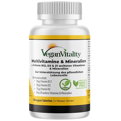 Vegan Multivitamin Tabletten hochdosiert - Vitamin b12 vegan & Eisen. 180 Multivitamin Tabletten Nahrungsergänzungsmittel - 6 Monate Vegan & Vegetarier - Alle Vitamine in einer Tablette