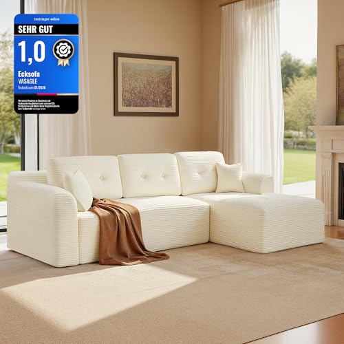 VASAGLE Ecksofa, modulares Sofa 244 cm breit, vakuumverpackt, Schlafsofa, Keine Montage erforderlich, mit großer Chaiselongue rechts, für Wohnzimmer, Gästezimmer, cremeweiß LCS184WD01