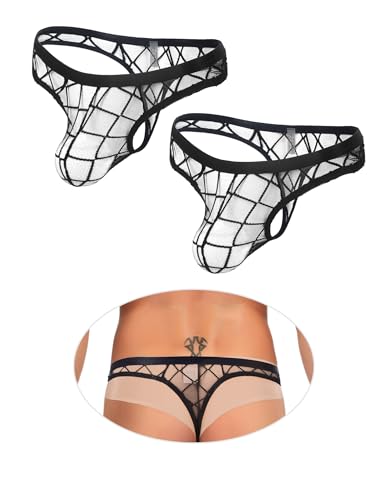 sunshinelady String Tanga Männer Mesh Unterhose Sexy Thong Große Größen Transparente Unterwäsche Mit Pouch Atmungsaktive Slips Niedrige Taille Gay Dessous Sissy Panties Men Underwear 2Packs Schwarz XL