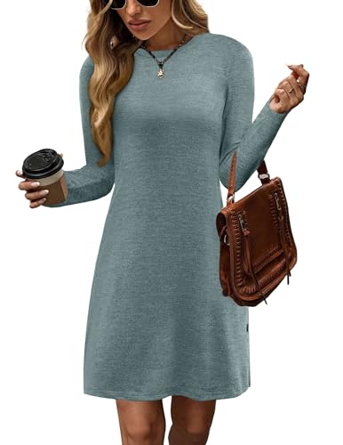 Zeagoo Kleid Damen Langarm Winterkleid Lässiges Tunikakleid Elegant Knopf Pullover Kleid Leichte Strickkleid Dunkelgrün XXL