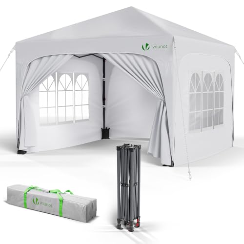 VOUNOT® Pavillon 3x3m mit 4 Seitenteilen & 4 Sandsäcke, Pop Up Faltpavillon, Wasserdicht, Faltbar Gartenzelt Partyzelt, inkl. Tasche, Weiß