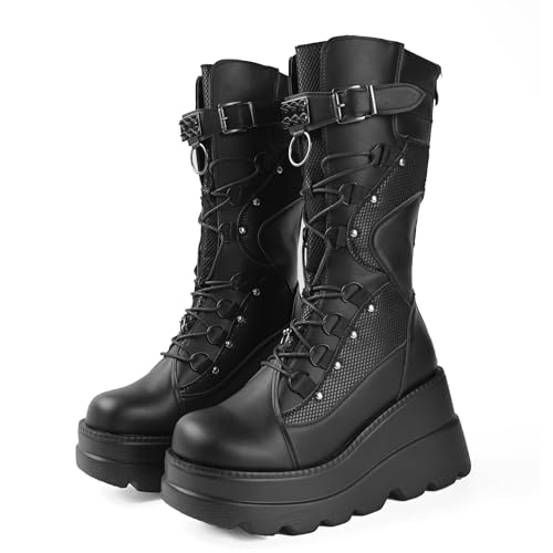 Gothniero Schwarze Plattform Kniestiefel Goth Stiefel Dame Frauen Kampfstiefel moto Stiefel Rave Gothic Schuhe Leicht und komfortabel mit Spitzengröße 35-43