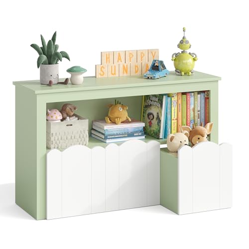 YOUDENOVA Kinderregal, Kinderzimmer Möbel mit 3 Boxen, Spielzeug Aufbewahrung auf Rollen, 102,2x33x61,5 cm, Aufbewahrung Kinderzimmer für Bilderbücher, Geschichtenbücher und Spielzeug, Grün