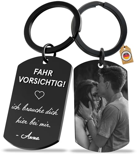 Schlüsselanhänger mit Bild | Personalisierte Geschenke | Auto Glücksbringer Anhänger für Lieblingsmensch | Mit Gravur & Foto | Fahr vorsichtig | Geschenk Mann Papa |