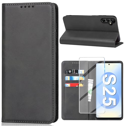 Vaki für Samsung Galaxy S25 Hülle mit Schutzfolie, Handyhülle Galaxy S25 5G PU Leder Wallet Kartenfach Klapphülle, Schutzhülle für Samsung S25 Flip Case Cover Coqu Tasche Handyschutz (Schwarz)