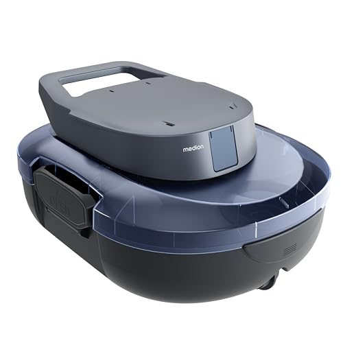 MEDION PR1 Poolroboter Akku, für Aufstellpool, Bodenreinigung für Pools, One-Click-Bedienung, Selbstparkfunktion, 120 Min Akkulaufzeit, 2,2 L Filterkapazität, für 80–100 m², inkl. Ladegerät & Haken