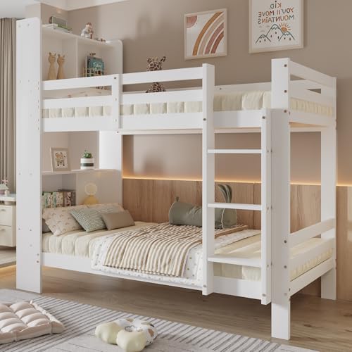 Oslghy Etagenbett Kinderbett 90x200 cm, Hochbett Bett mit Stauraum Regalen und Rechtwinkliger Leiter, Modern Doppelbett Bettgestell für 2 Kinder mit Rausfallschutz und Lattenrost, Weiß, Ohne Matratze