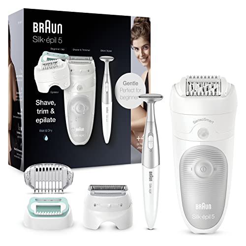 Braun Silk-épil 5 Epilierer Damen für Haarentfernung / Haarentferner, inkl. Bikinitrimmer (Haartrimmer Intimbereich), Einsteiger-Aufsatz, schwenkbarer Kopf, 5-825, weiß/grau