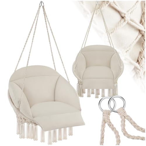 tectake® Hängesessel, Hängeschaukel mit dicken Kissen & Quasten, Boho Hängekorb Ø 80 cm, Hängesessel mit Gestell für Garten, Balkon und Wohnzimmer, Nestschaukel Outdoor & Indoor, Gartenstuhl - beige