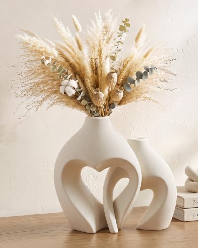 Keramikvasen 2er Set Herzform Weiß Blumenvase Moderne Tischdeko Boho Matte